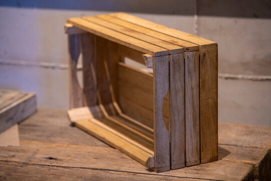 Empty wooden box crate used for fruid or vegetables on a farm or shop. Close up.