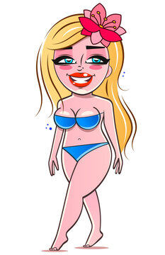 Plus size woman in bikini, body positive lady in blue dotted swimsuit isolated, flat cartoon. Vector full plus size girl, overweight smiling girl, fashion model. Pretty female in summer