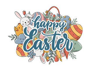 Happy Easter lettering quote decorated with doodles for greeting cards, posters, prints, stickers, banners, invitations, etc. EPS 10