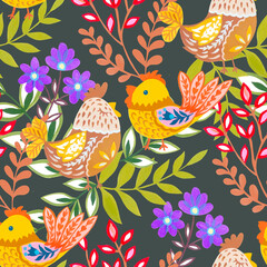 Chicken in garden farmhouse repeat seamless pattern drawing blossom flower narure woodland illustration