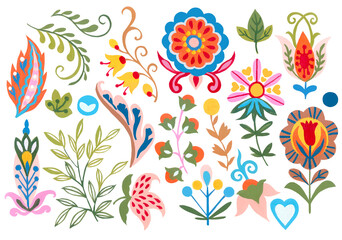 Fototapeta na wymiar Traditional Folk set botanical colorful illustration branch leaf and flowers abstract Scandinavian style element
