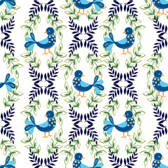 Scandinavian folk style animal and flowers seamless repeat pattern traditional folk art ornaments, sweden nordic style bird and foliage leaf