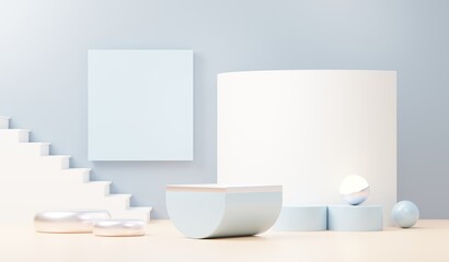3d render abstract display podium platform for  product presentation and advertising. Minimal scene backdrop with clean design. Vacant pedestal for mock up. Empty stage with pastel color for cosmetic.