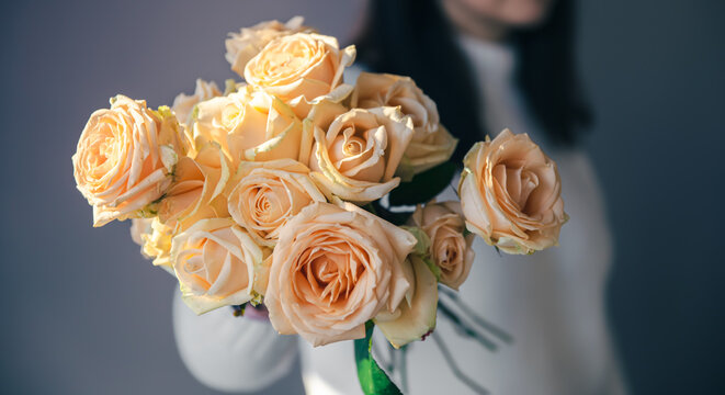 Close-up of orange roses in female hands.