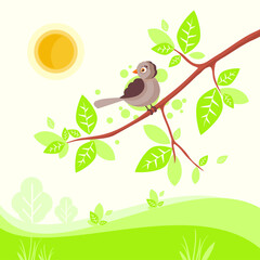  Illustration of spring. A bird on a branch.