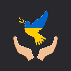 The dove of peace is in the hands of people who defend their native country from the aggressor and believe in victory. Poster Peace to Ukraine on a black background. 