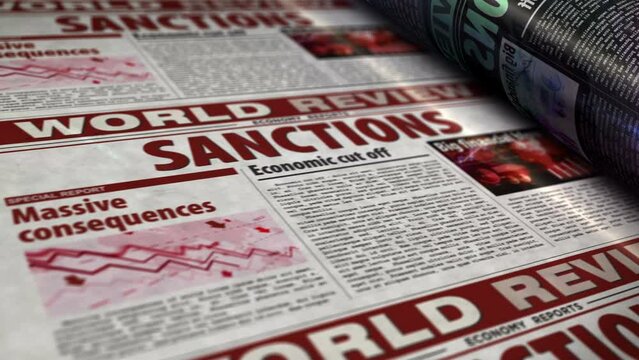 Sanctions, economy blockade, politics and embargo news daily newspaper report roll printing. Abstract concept 3d rendering seamless looped animation.