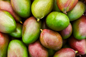 Mango. Large pile of ripe fresh mango fruits for sale in the supermarket. Selective focus