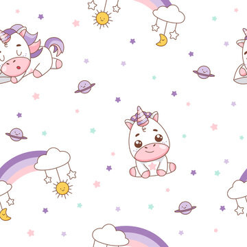 Seamless pattern with baby unicorns