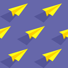 Seamless Creative Pattern: Yellow Origami airplane on blue background.