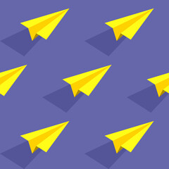 Seamless Creative Pattern: Yellow Origami airplane on blue background.