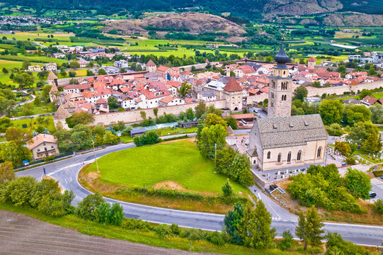 Fortified village of Glorenza or Glurns in Val Venosta aerial view