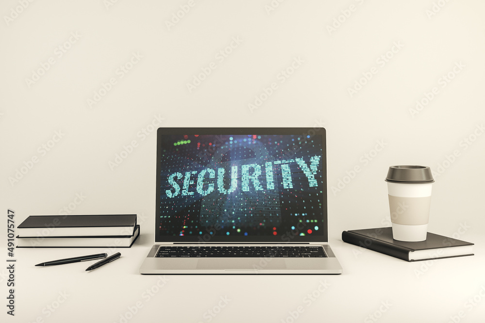 Poster cyber security creative concept on modern laptop monitor. 3d rendering