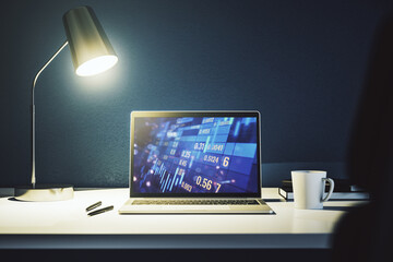 Abstract creative financial graph on modern laptop monitor, forex and investment concept. 3D Rendering