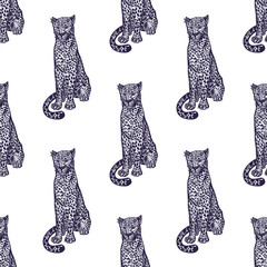 Leopard sitting seamless pattern. Vintage wildlife animals background. © Purple_Lamp