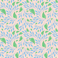 Watercolor seamless pattern with gentle decorative plants and leaves.