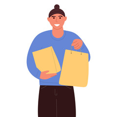 The concept of goods delivery to the door. A young man makes home deliveries. Flat vector illustration on white background. For print, web design.