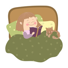 The concept of reading a book before bedtime.  A little girl reading a book in bed. Flat illustration on white background in cartoon style. For print, web design.