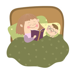 The concept of reading a book before bedtime.  Girl reading a book in bed. Sister reading a book to little brother. Flat illustration on white background in cartoon style. For print, web design.