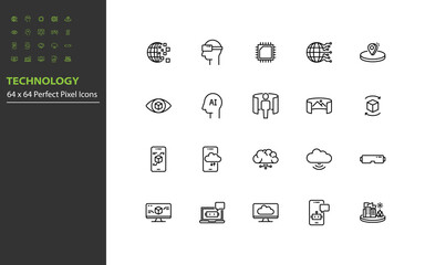 set of technology line icons, vr, ar, ai, iot