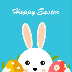 Greeting card with with white Easter rabbit, green grass and easter eggs.