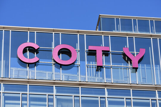 Coty logo, signage on the facade of Coty Eastern Europe office, American beauty product supplier company. WARSAW, POLAND - NOVEMBER 1, 2021