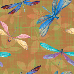 Abstract botanical pattern of leaves and dragonflies. Seamless pattern for fabric, wallpaper, wrapping paper design, scrapbooking. Watercolor dragonflies on a background of abstract leaves.