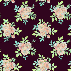 Seamless botanical ornament. Watercolor peony flowers collected in a seamless pattern. Elegant bouquet of peony flowers with leaves on a delicate background.