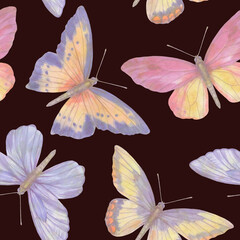 Vintage hand drawn colorful seamless pattern with beautiful pastel watercolor butterflies on vibrant background. Watercolor butterfly seamless pattern hand drawn texture