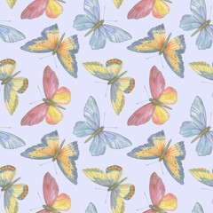 Bright watercolor butterflies collected in a seamless pattern. Botanical ornament on a colored background for design, print, wallpaper, fabric.