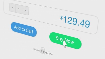 online shopping, web interface, mouse cursor click on the 'buy now' button (3d render)