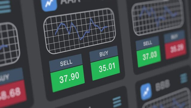 close-up of a computer screen, web interface for a financial app, realtime stock market data and charts, concept of online trading, dark theme (3d render)