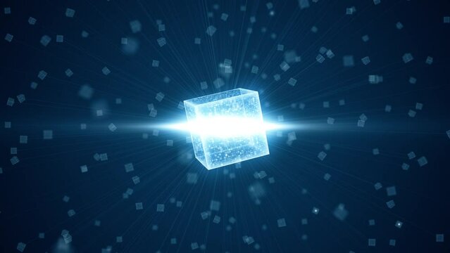Motion graphic of Blue futuristic cube with cube icon and connection on abstract background technology and metaverse concept