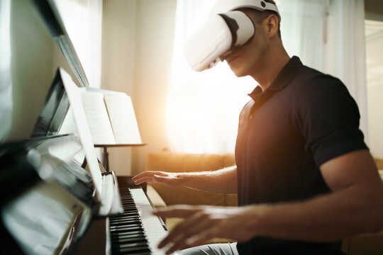 Virtual Reality Online Class Piano Lesson From Home, VR Musical Online Learning Conceptual. Piano Teacher Instructing Student From VR Technology.