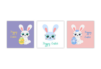 Happy Easter greeting cards set. Cute cartoon Bunny sitting and holding colorful dyed egg. Collection of square Easter cards. Vector flat illustration