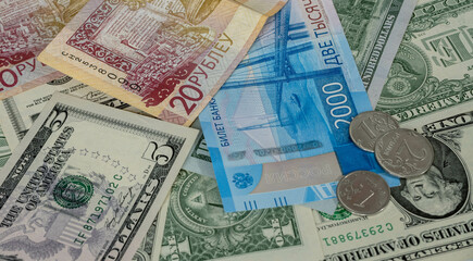Moscow March 03.2022, money in banknotes US dollars, Belarusian rubles and Russian rubles