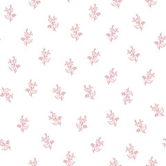 Vector red illustration. Floral seamless pattern. Bouquet of wild flowers. Hand drawn flower field. Simple flowers. Flowering heads of field chamomile. Outline drawing.