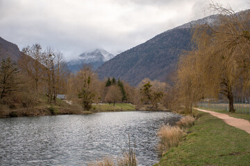 View of winter landscape in Badech lake, Bagneres de Luchon, France. 