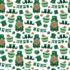 St. Patrick's day watercolor seamless pattern with gnome, hat, shoes, shamrock, cupcake, party flags. For wrapping paper, packaging, fabric prints, stationery, greeting cards, invitations, posters 