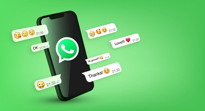 Whatsapp On 3d Smartphone Screen, Chat And Emoticon Isometric Concept, Vector Editorial Illustration