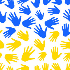 Obraz premium Stand with Ukraine. Blue and yellow hands as ukrainian national flag on white. Stop war. Modern illustration in flat style. Ukraine Russia war. 