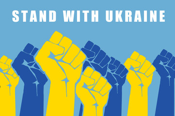 Stand with Ukraine text and Blue and yellow fists as ukrainian national flag. Pray for peace. Modern illustration in flat style. Stop Russia war. Help Ukraine. Ukrainian rainbow