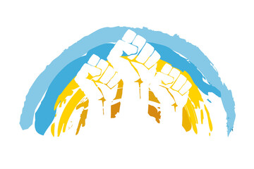 Stand with Ukraine. Fist on Blue and yellow ukrainian national flag. Pray for peace. Modern illustration in flat style. Stop Russia war. Help Ukraine. Ukrainian rainbow