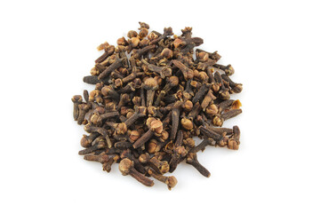 Pile of dried flower buds isolated on white background. Clove (Syzygium aromaticum)