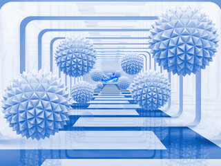 3d image of a blue tunnel with balls flying out of it