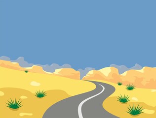 vector desert landscape with cactuses, road and mountains