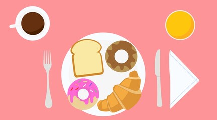Breakfast illustration with donuts, croissant, bread, coffee, and juice. Vector editable flat illustration
