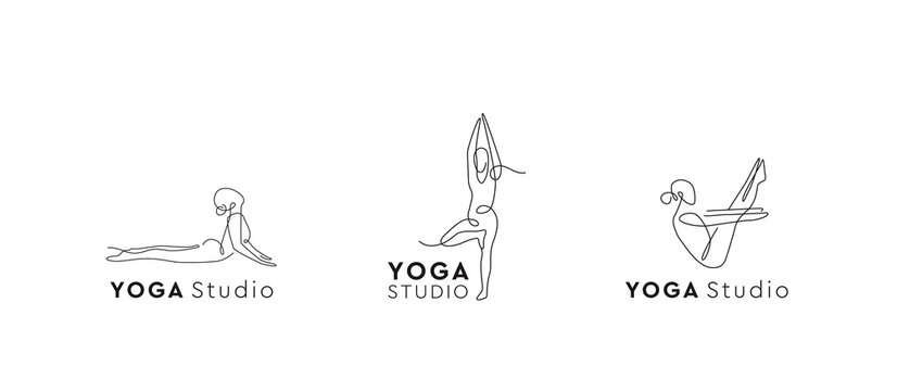 Yoga Studio Logo set. One line sign. Pilates centre logotype. Vector symbol asana.