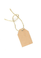 Blank cardboard price tag with rope hanging isolated on white background