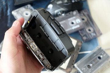 Obraz premium Indispensable classic cassette player of the 90s, Walkman, cassette player that is no longer used,